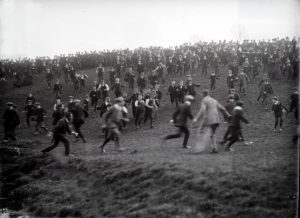 A historic picture of the Hallaton Bottle Kicking